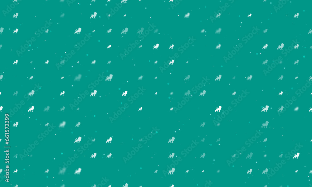 Seamless background pattern of evenly spaced white lion symbols of different sizes and opacity. Vector illustration on teal background with stars Seamless background pattern of evenly spaced white lion symbols of different sizes and opacity. Vector illustration on teal background with stars