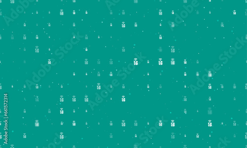 Seamless background pattern of evenly spaced white 5G symbols of different sizes and opacity. Vector illustration on teal background with stars