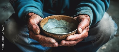 In retirement the impoverished elderly man s empty bowl begs for alms