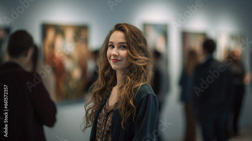 Woman looks at paintings in a gallery during an exhibition