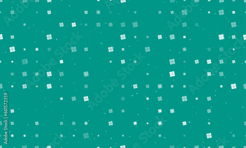 Seamless background pattern of evenly spaced white puzzle symbols of different sizes and opacity. Vector illustration on teal background with stars
