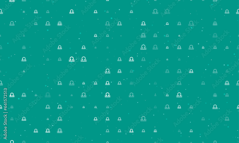 Seamless background pattern of evenly spaced white zodiac libra symbols of different sizes and opacity. Vector illustration on teal background with stars