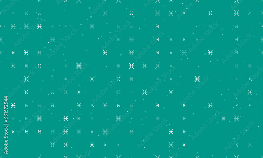 Seamless background pattern of evenly spaced white zodiac pisces symbols of different sizes and opacity. Vector illustration on teal background with stars Seamless background pattern of evenly spaced white zodiac pisces symbols of different sizes and opacity. Vector illustration on teal background with stars
