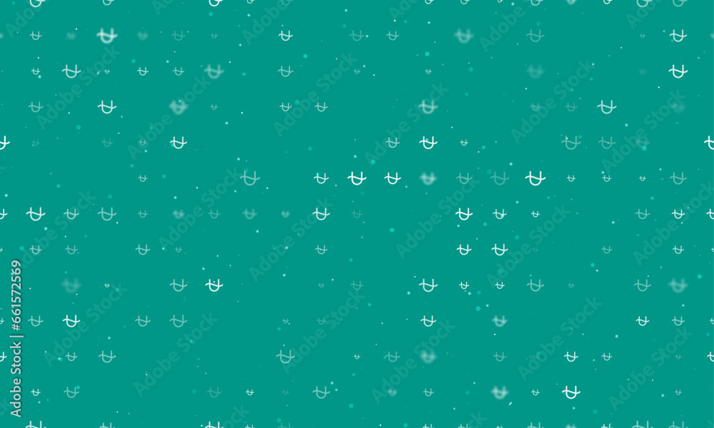 Seamless background pattern of evenly spaced white zodiac ophiuchus symbols of different sizes and opacity. Vector illustration on teal background with stars