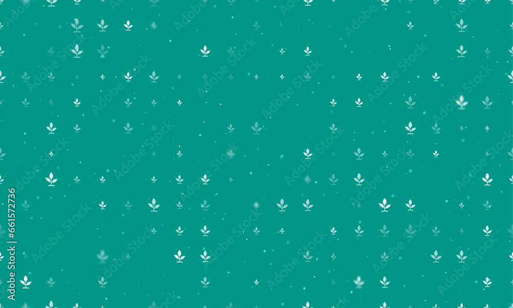Seamless background pattern of evenly spaced white sprout symbols of different sizes and opacity. Vector illustration on teal background with stars