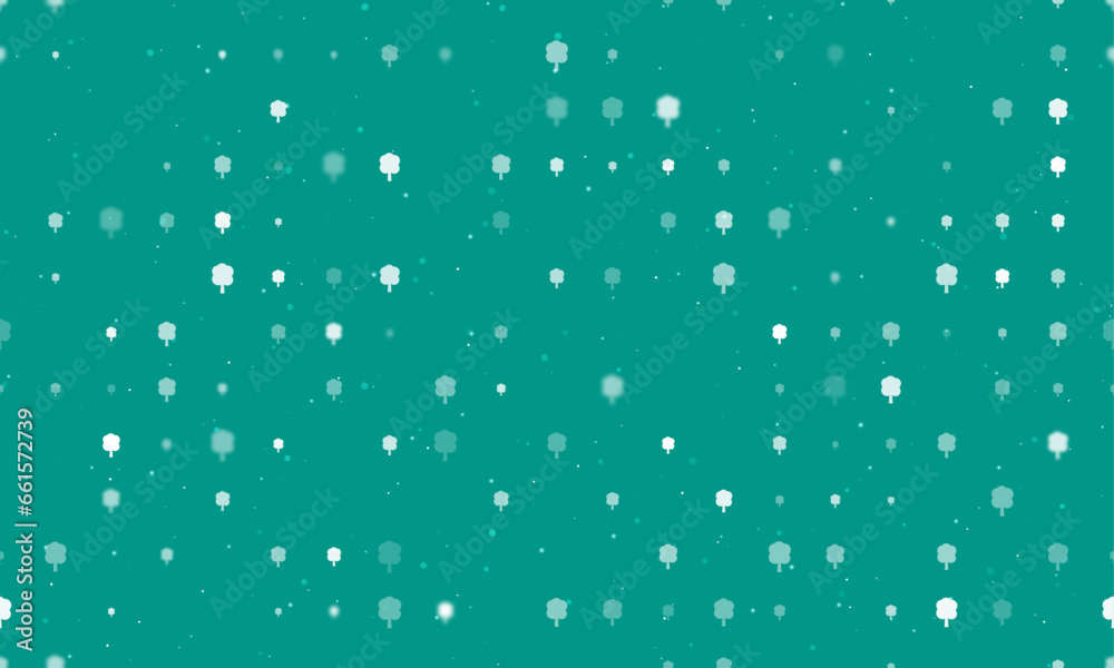Seamless background pattern of evenly spaced white tree symbols of different sizes and opacity. Vector illustration on teal background with stars