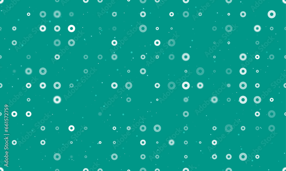 Seamless background pattern of evenly spaced white record media symbols of different sizes and opacity. Vector illustration on teal background with stars