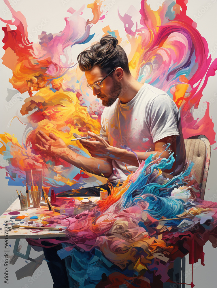 An Illustration of a Painter Using 3D Printed Palette and Brushes