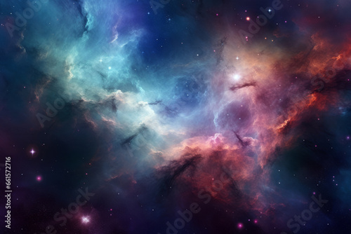 Celestial background in mesmerizing colors and patterns of a nebula in outer space. Generative AI © barmaleeva