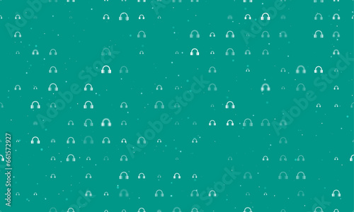 Seamless background pattern of evenly spaced white headphones symbols of different sizes and opacity. Vector illustration on teal background with stars