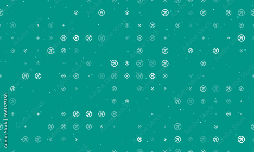 Seamless background pattern of evenly spaced white no left turn signs of different sizes and opacity. Vector illustration on teal background with stars