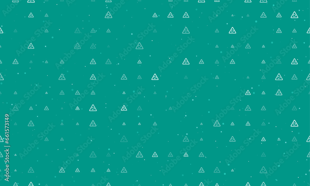Seamless background pattern of evenly spaced white roundabout signs of different sizes and opacity. Vector illustration on teal background with stars
