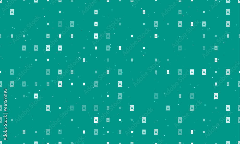 Seamless background pattern of evenly spaced white ace of clubs cards of different sizes and opacity. Vector illustration on teal background with stars Seamless background pattern of evenly spaced white ace of clubs cards of different sizes and opacity. Vector illustration on teal background with stars