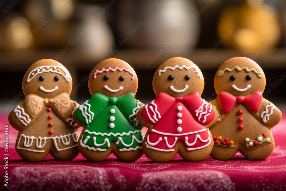 Fototapeta premium Homemade gingerbread cookies. Gingerbread man cookies in Christmas setting. Generative AI