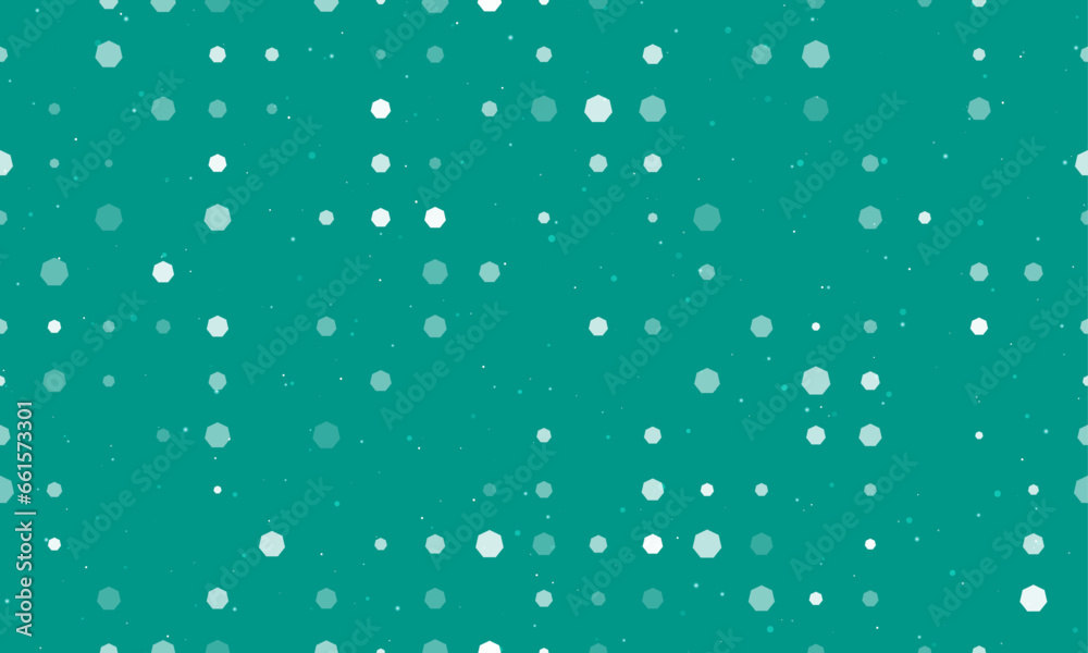 Seamless background pattern of evenly spaced white heptagon symbols of different sizes and opacity. Vector illustration on teal background with stars