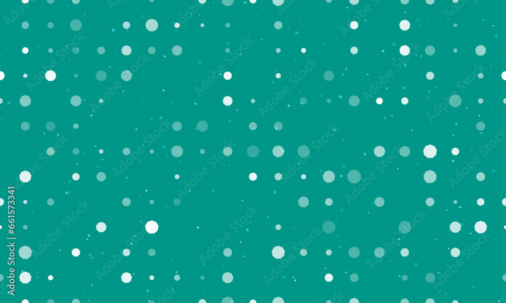 Seamless background pattern of evenly spaced white nonagon symbols of different sizes and opacity. Vector illustration on teal background with stars