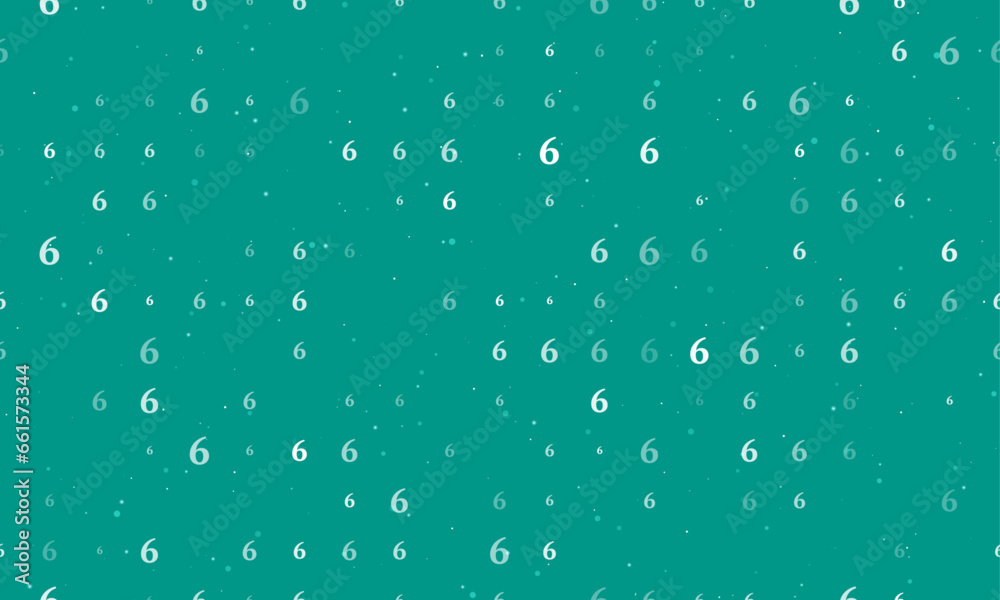 Seamless background pattern of evenly spaced white number six symbols of different sizes and opacity. Vector illustration on teal background with stars