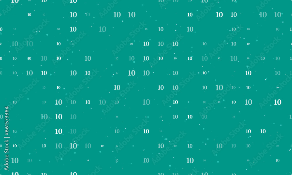 Seamless background pattern of evenly spaced white number ten symbols of different sizes and opacity. Vector illustration on teal background with stars Seamless background pattern of evenly spaced white number ten symbols of different sizes and opacity. Vector illustration on teal background with stars