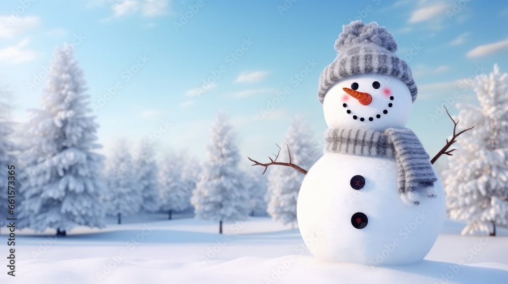 Photo of a cheerful snowman with a hat and scarf standing in a snowy landscape