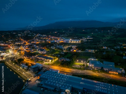 Aerial night view of Killybegs  the most important fishing harbour town in Ireland  County Donegal