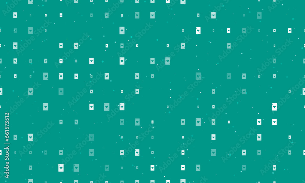 Seamless background pattern of evenly spaced white ace of heart cards of different sizes and opacity. Vector illustration on teal background with stars Seamless background pattern of evenly spaced white ace of heart cards of different sizes and opacity. Vector illustration on teal background with stars
