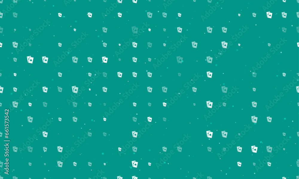 Seamless background pattern of evenly spaced white two aces symbols of different sizes and opacity. Vector illustration on teal background with stars