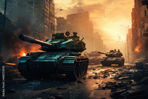 Tanks invading a bombed city. Apocalyptic Scene. Generative AI