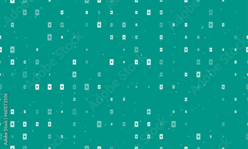 Seamless background pattern of evenly spaced white ace of diamond cards of different sizes and opacity. Vector illustration on teal background with stars
