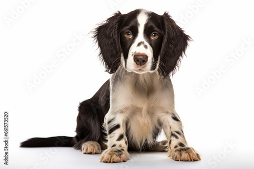 Black and white dog sitting down with its paws crossed and eyes wide open.