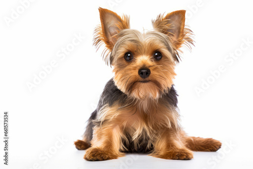 Small dog sitting on white surface with black and brown face.