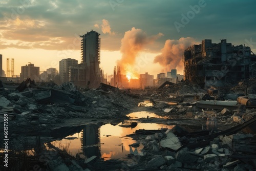 Apocalyptic scene of a bombed city. Generative AI