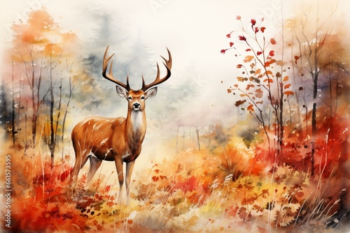 Autumnal watercolor: European forest, trees, wildflowers, deer. Generative AI © Nicolae