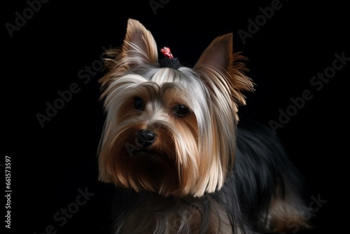 A charming Yorkshire Terrier on a black background. Generative AI