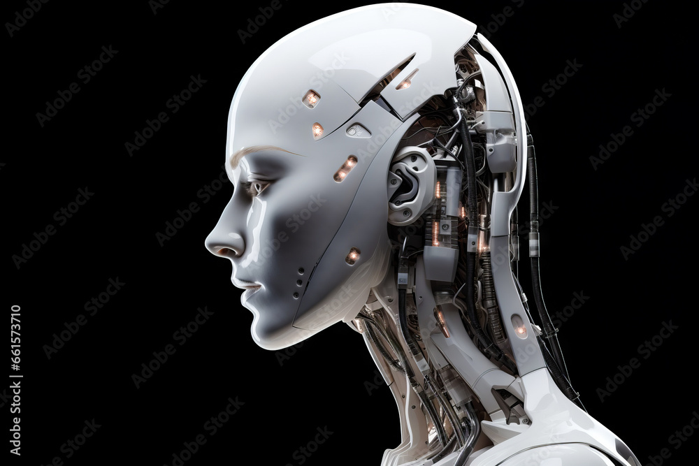 Robot head with lot of wires and lights on it. Robot head with lot of wires and lights on it.