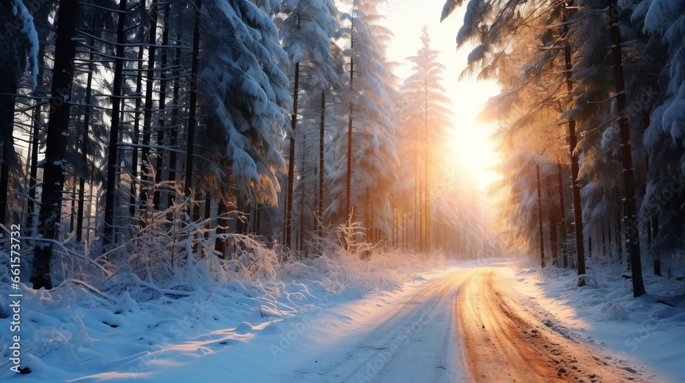 Photo of sunlight streaming through snowy trees Photo of sunlight streaming through snowy trees