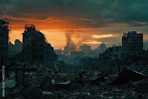 Apocalyptic scene of a bombed city. Generative AI