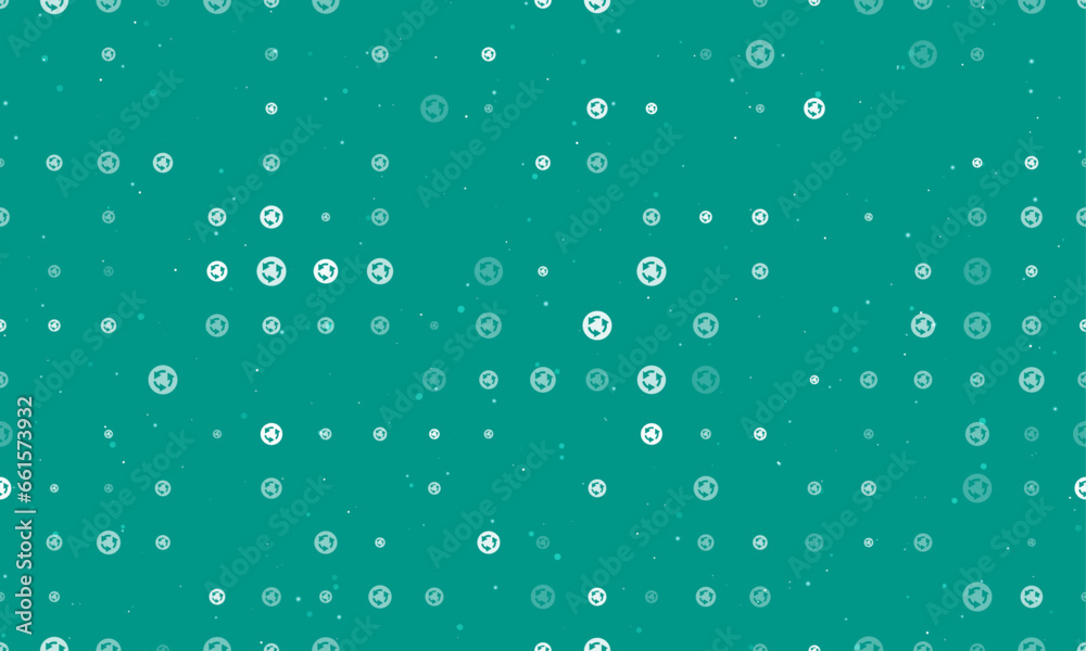 Seamless background pattern of evenly spaced white roundabout signs of different sizes and opacity. Vector illustration on teal background with stars