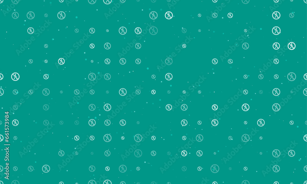 Seamless background pattern of evenly spaced white pedestrian traffic prohibited signs of different sizes and opacity. Vector illustration on teal background with stars