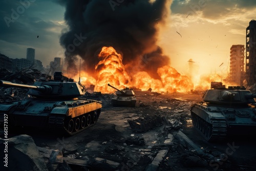 Tanks invading a bombed city. Apocalyptic Scene. Generative AI
