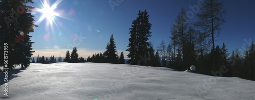 Panoramic view of Hafling in winter with snow. photo
