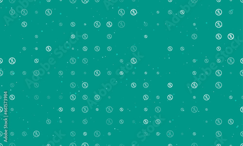 Seamless background pattern of evenly spaced white pedestrian traffic prohibited signs of different sizes and opacity. Vector illustration on teal background with stars