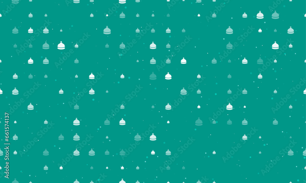Seamless background pattern of evenly spaced white reception bell symbols of different sizes and opacity. Vector illustration on teal background with stars