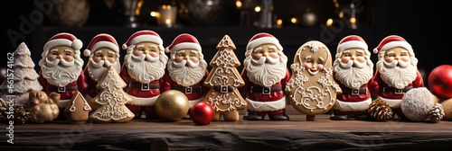 Christmas cookies in the shape of Santa and Christmas trees with Christmas background