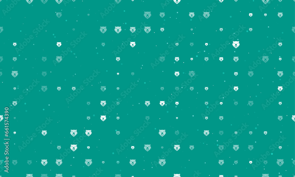 Seamless background pattern of evenly spaced white bear head symbols of different sizes and opacity. Vector illustration on teal background with stars