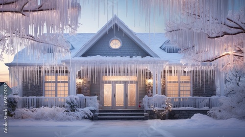 serene beauty of a house with icicles hanging from the roof, surrounded by a winter wonderland.