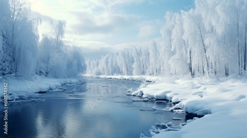 Photo of a serene winter landscape with a river flowing through a snowy forest
