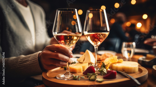 Person tastes an assortment of cheeses with wine at a restaurant
