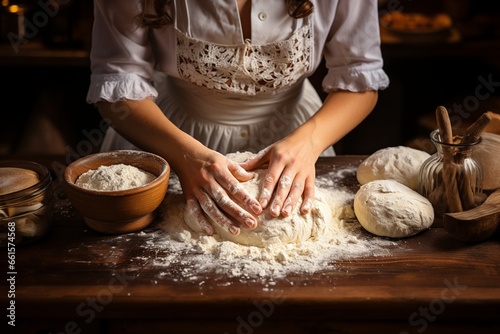 Caucasian woman making bread on antique wooden table