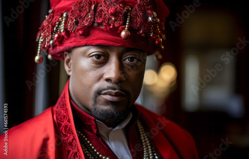 Portrait of a handsome African-American man in a red suit.