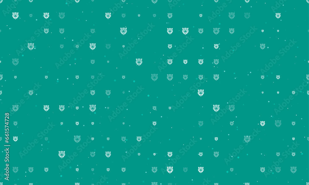 Seamless background pattern of evenly spaced white tiger head symbols of different sizes and opacity. Vector illustration on teal background with stars